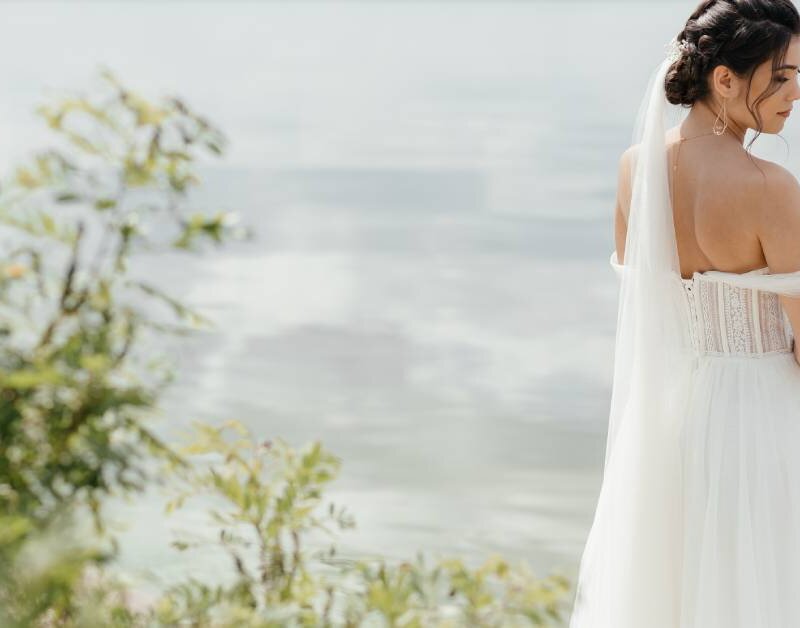 Near the waterfront, a bride wearing an elegant dress stands in front of a bush with her back facing toward the camera.